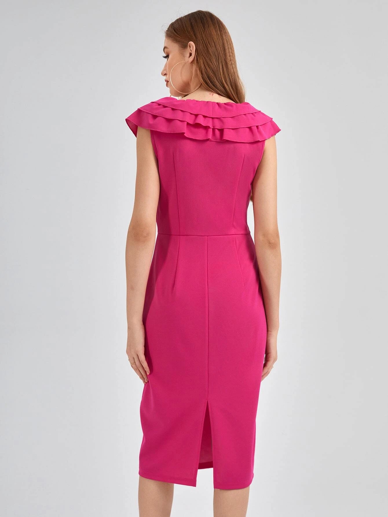 CM-DS282223 Women Elegant Seoul Style Layered Ruffle Trim Split Back Fitted Dress - Hot Pink