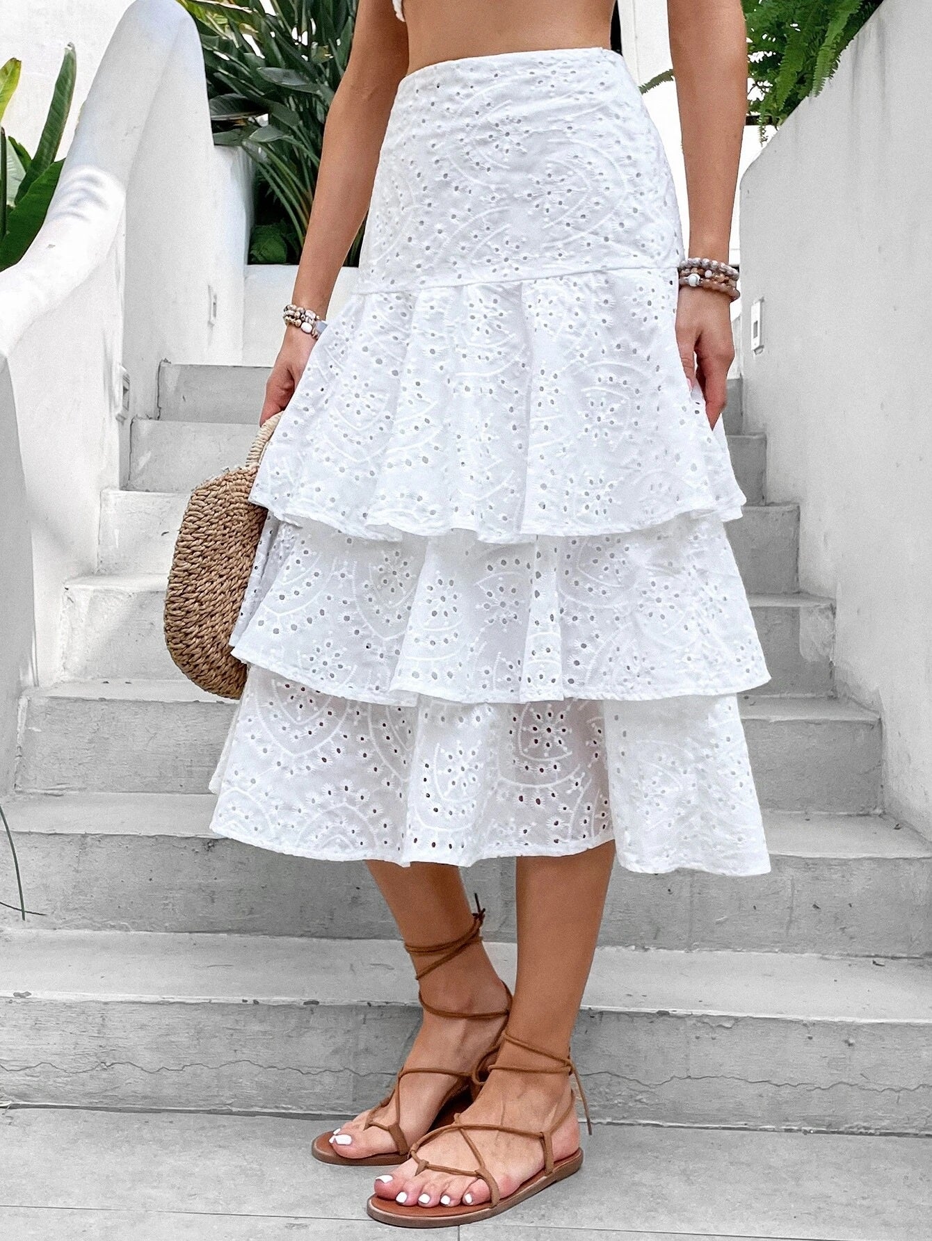 CM-BS440190 Women Trendy Bohemian Style High Waist Layer Hem Schiffy Skirt - White