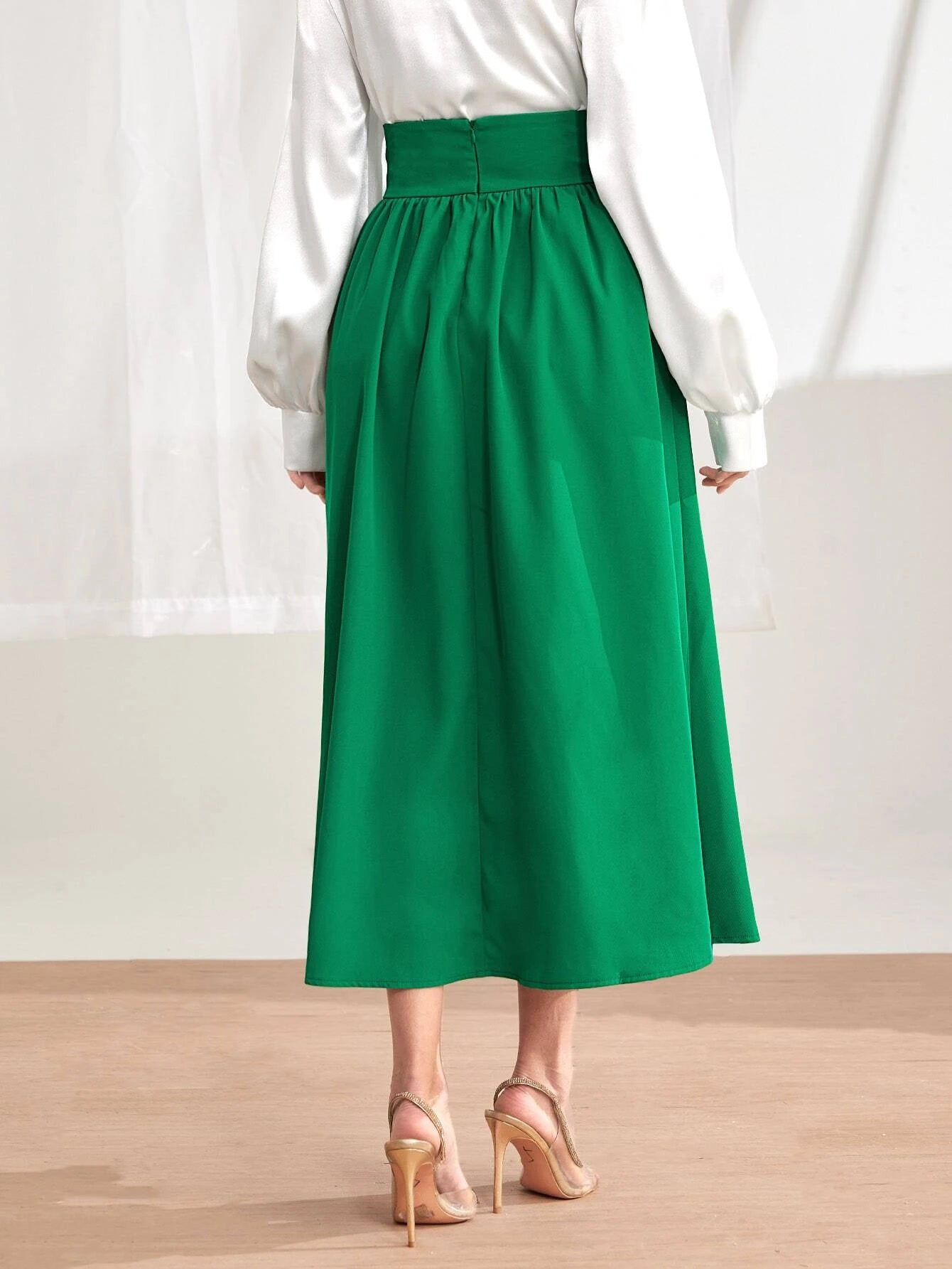 CM-BS076871 Women Elegant Seoul Style Wide Waistband Flare Skirt - Green