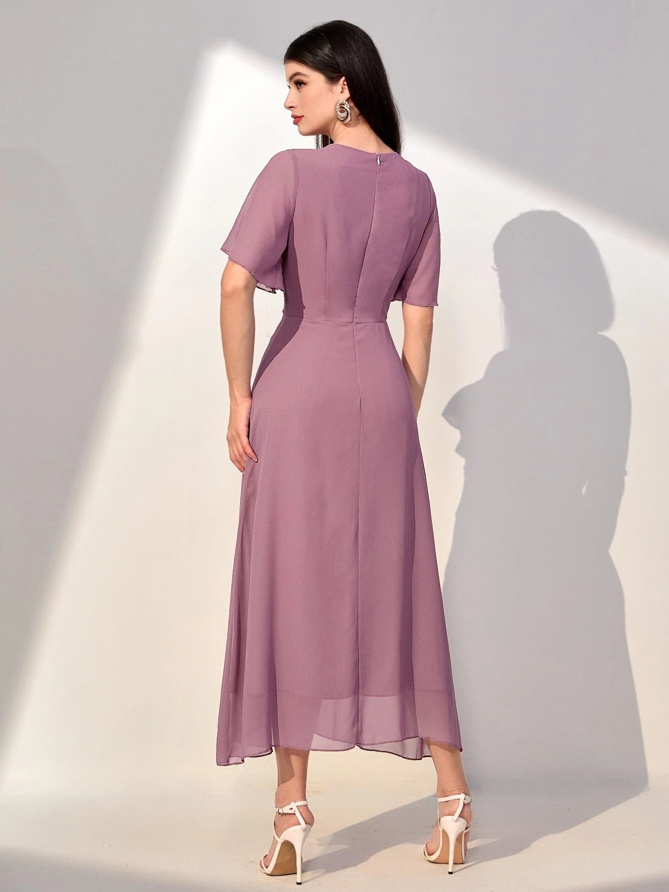 CM-DS403387 Women Elegant Seoul Style Round Neck Solid Ruffle Trim Dress - Mauve Purple