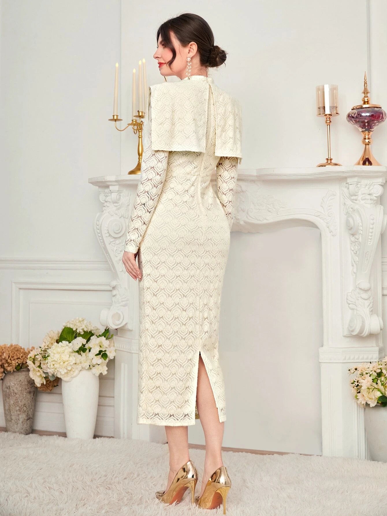 CM-DS888011 Women Elegant Seoul Style Foldover Front Split Back Lace Overlay Dress