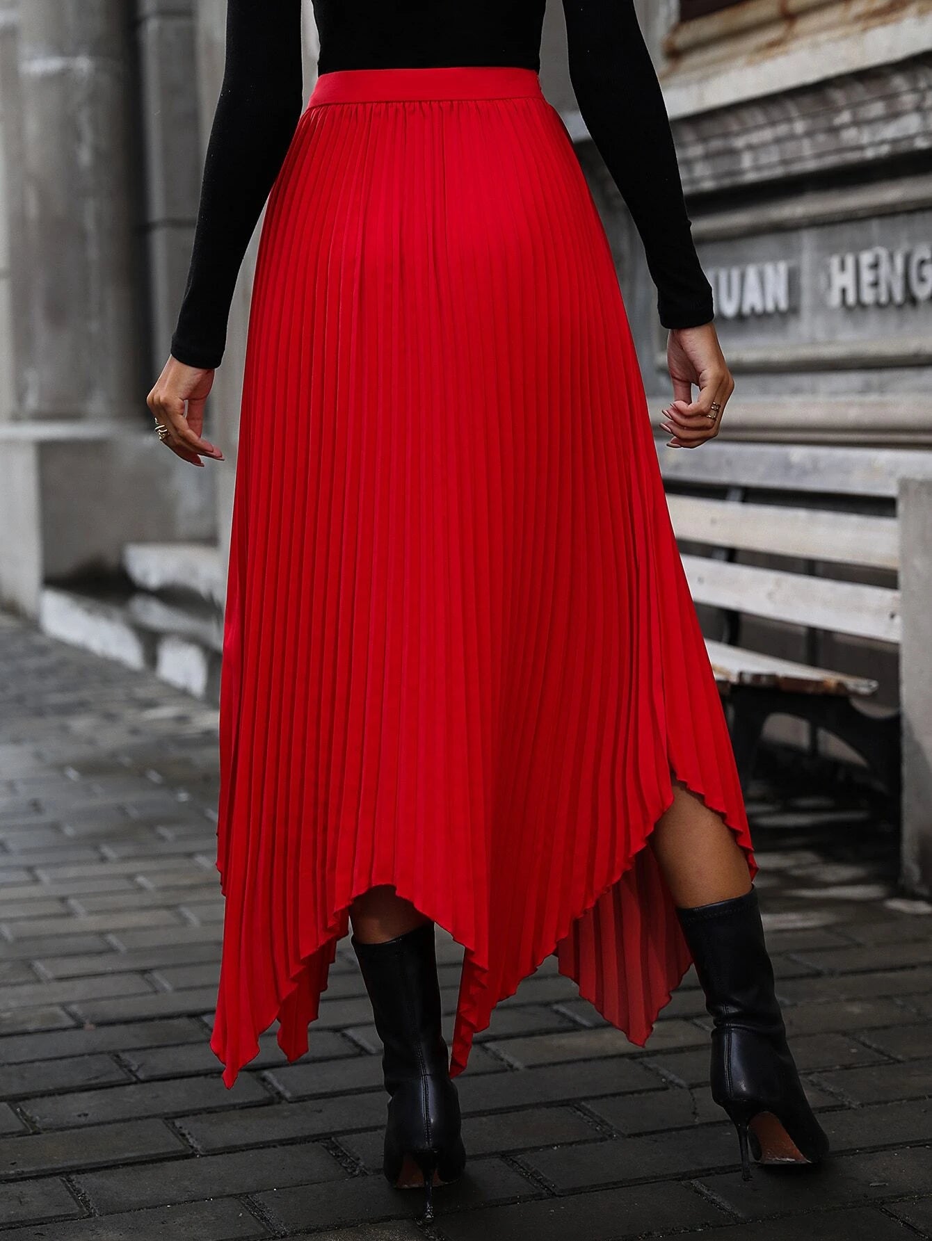 CM-BS461696 Women Elegant Seoul Style High Waist Hanky Hem Pleated Skirt - Red