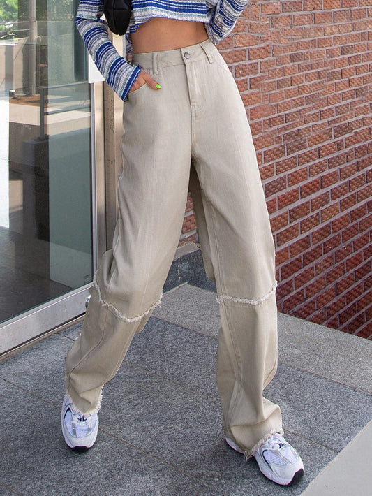 CM-BS964276 Women Casual Seoul Style High Waist Raw Trim Wide Leg Jeans - Beige