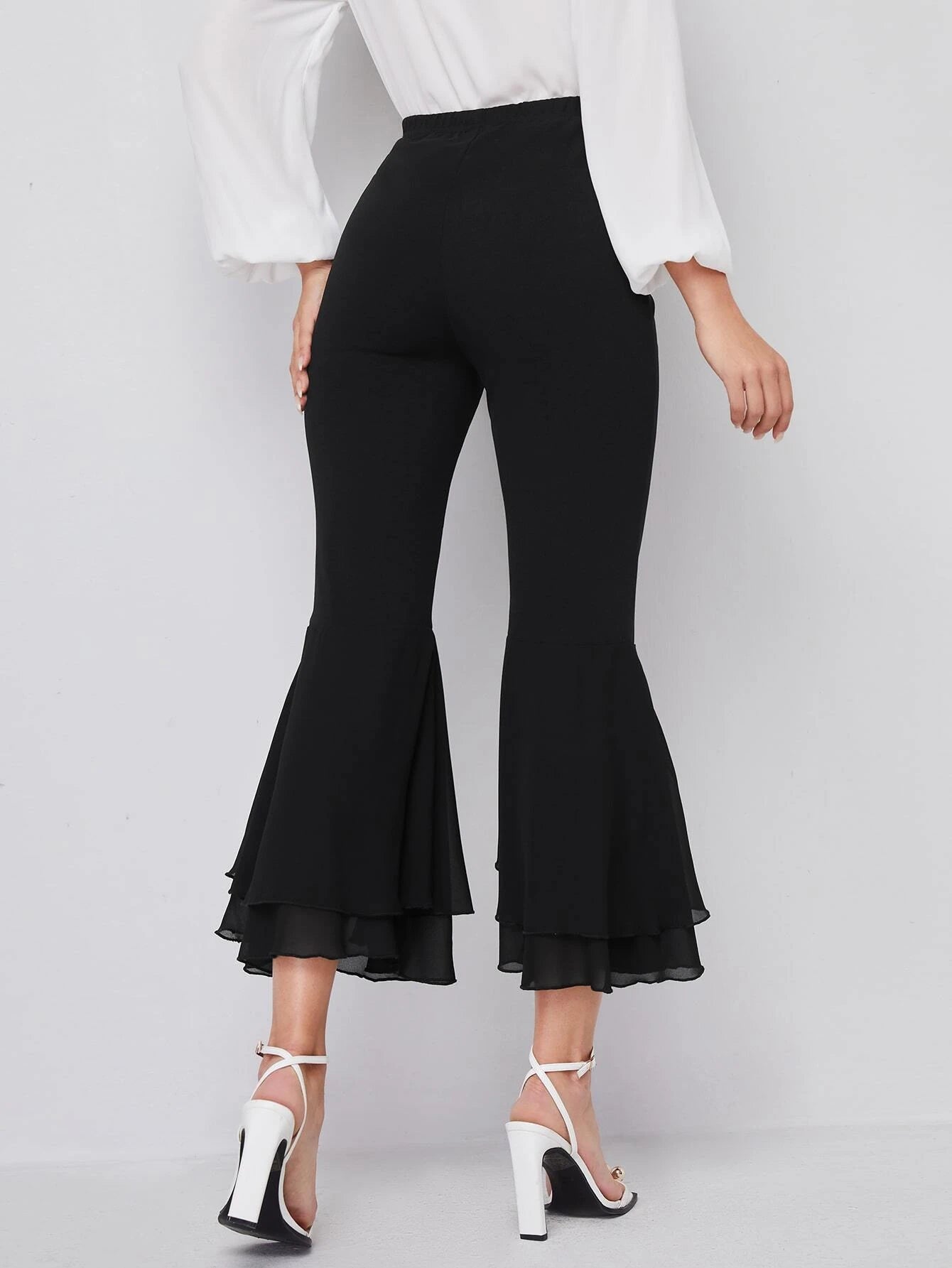 CM-BS518718 Women Elegant Seoul Style Elastic Waist Flare Leg Crop Pants - Black