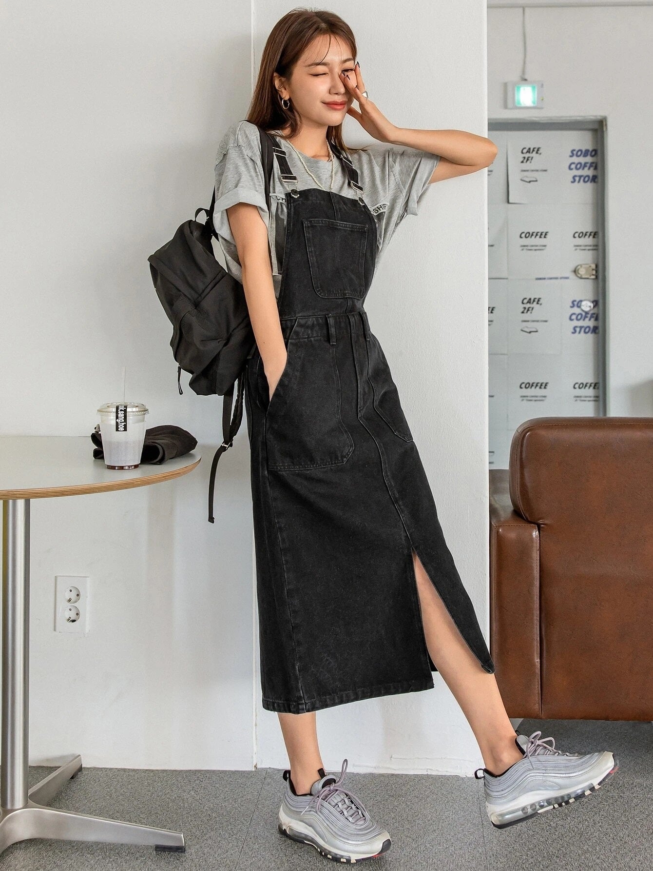CM-DS418881 Women Preppy Seoul Style Slant Pockets Slit Front Denim Overall Dress - Black
