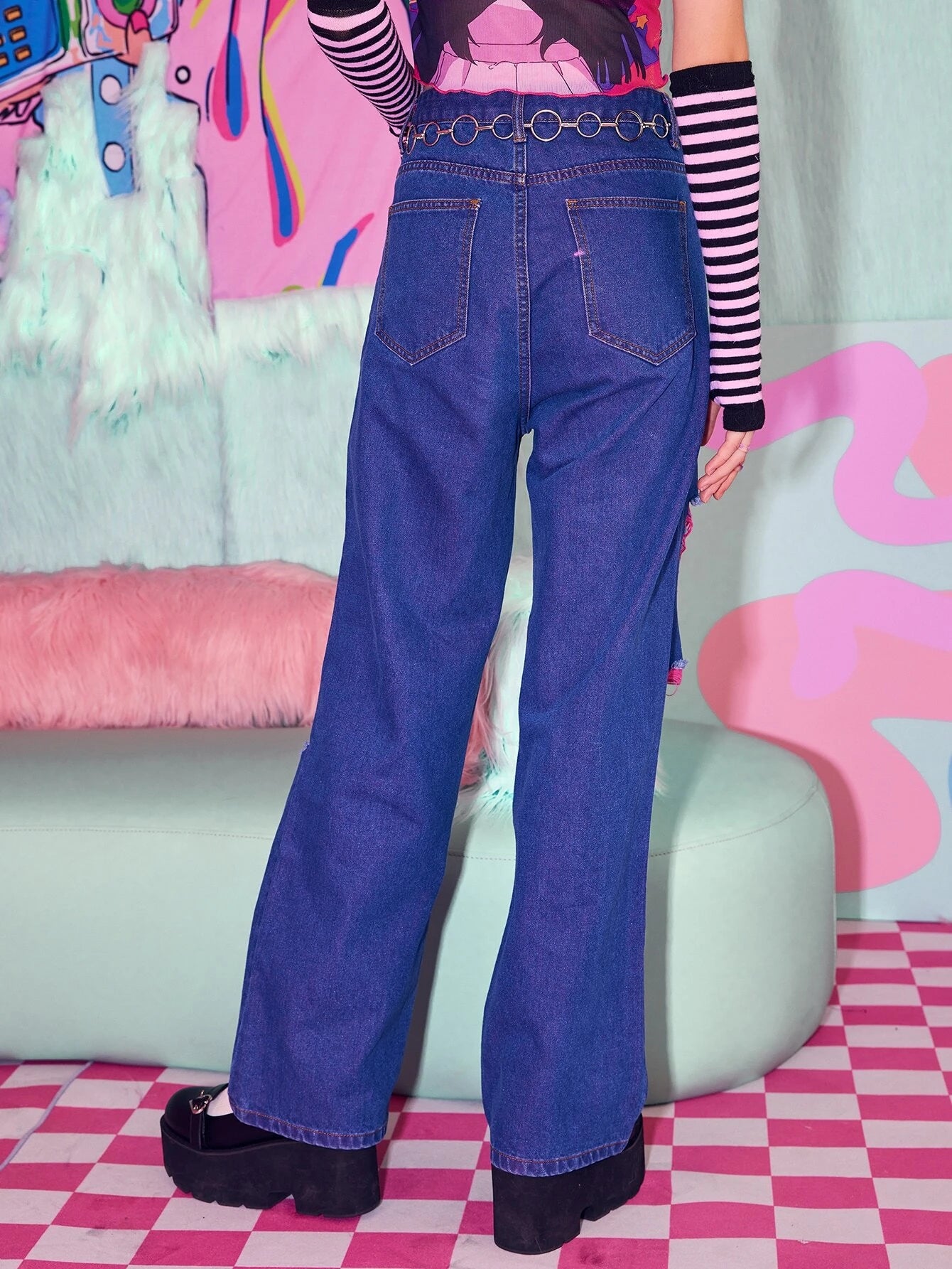 CM-BS896266 Women Elegant Seoul Style Dark Wash Ripped Straight Leg Jeans