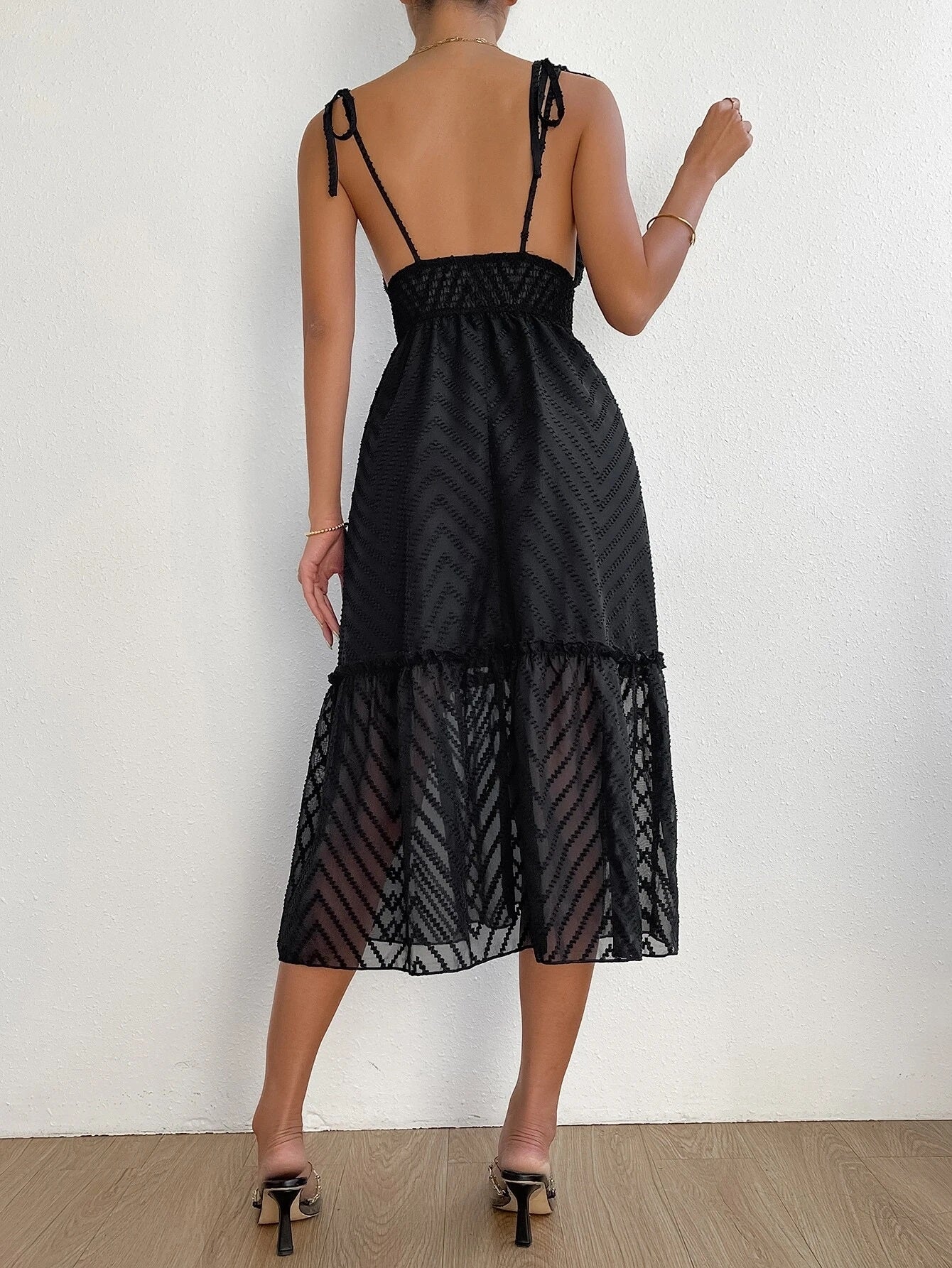 CM-DS427747 Women Casual Seoul Style Tie Shoulder Frill Trim Ruffle Hem Cami Dress