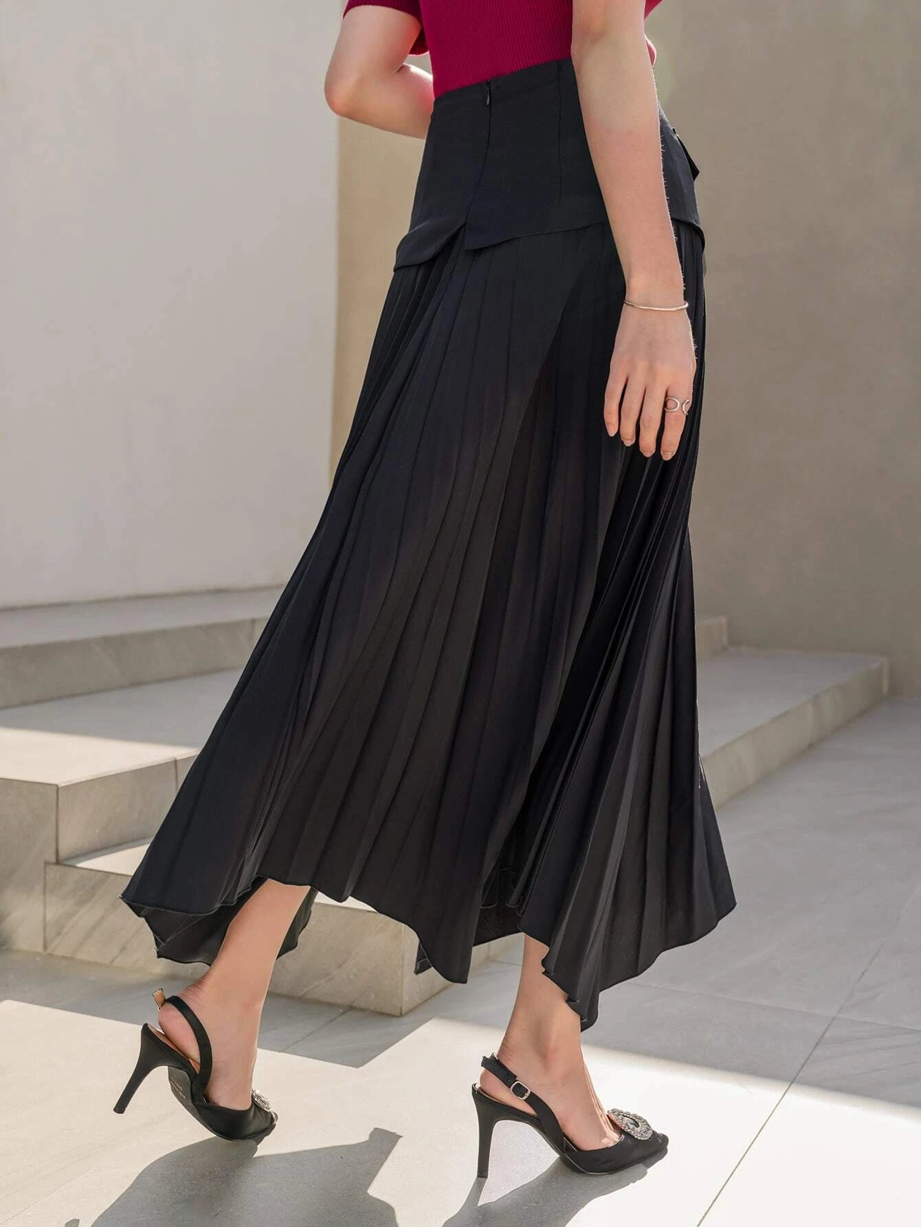 CM-BS292168 Women Elegant Seoul Style Wide Band Waist Hanky Hem Pleated Skirt - Black