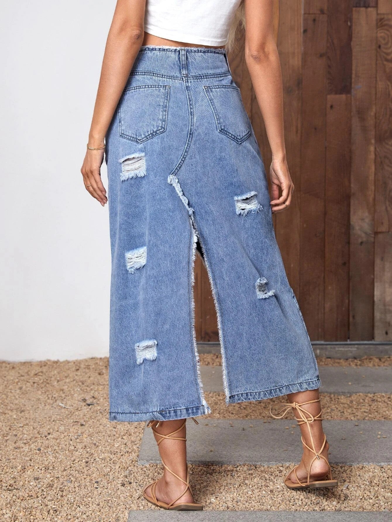 CM-BS910312 Women Casual Seoul Style High Waist Ripped Split Thigh Denim Skirt