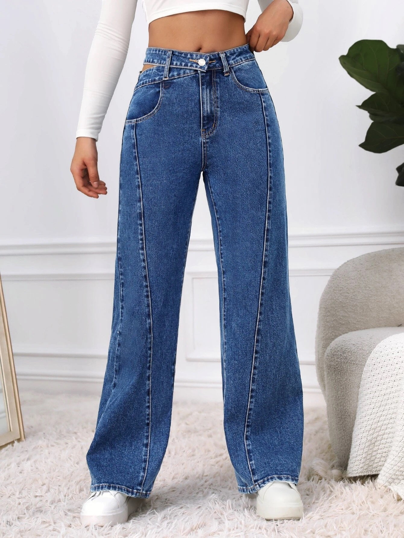 CM-BS402161 Women Casual Seoul Style Dark Wash Cut Out Waist Wide Leg Jeans