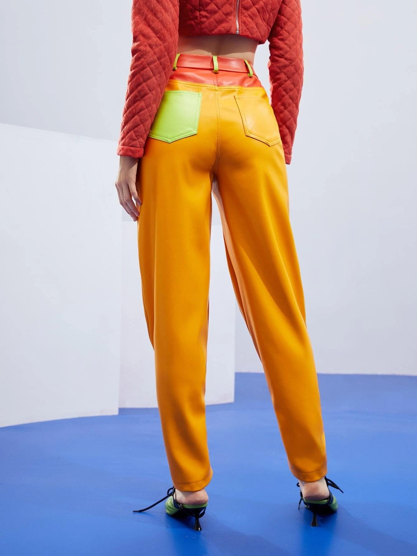 CM-BS041561 Women Elegant Seoul Style High Waist Colorblock Carrot Patent Pants - Ginger