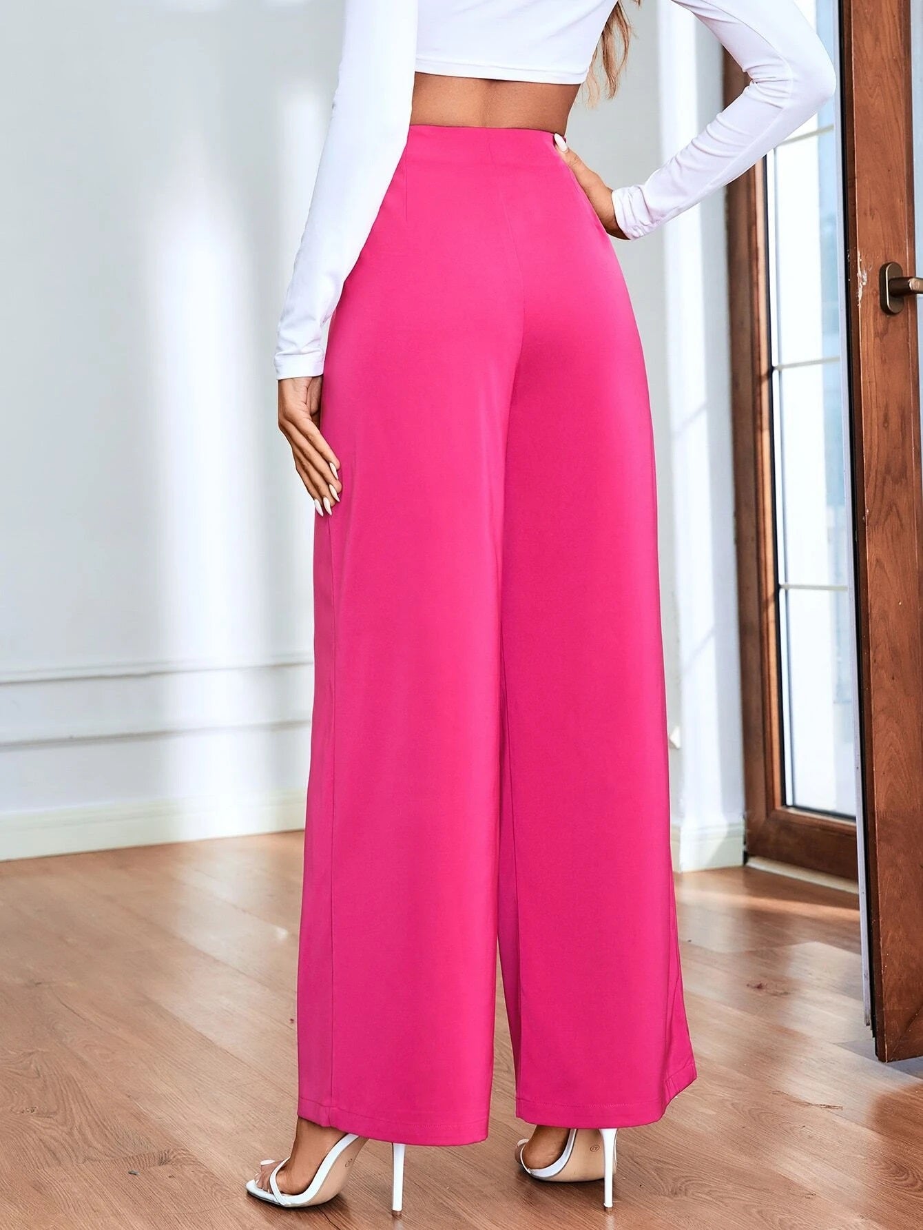 CM-BS441197 Women Casual Seoul Style High Waist Flap Detail Wide Leg Pants - Hot Pink