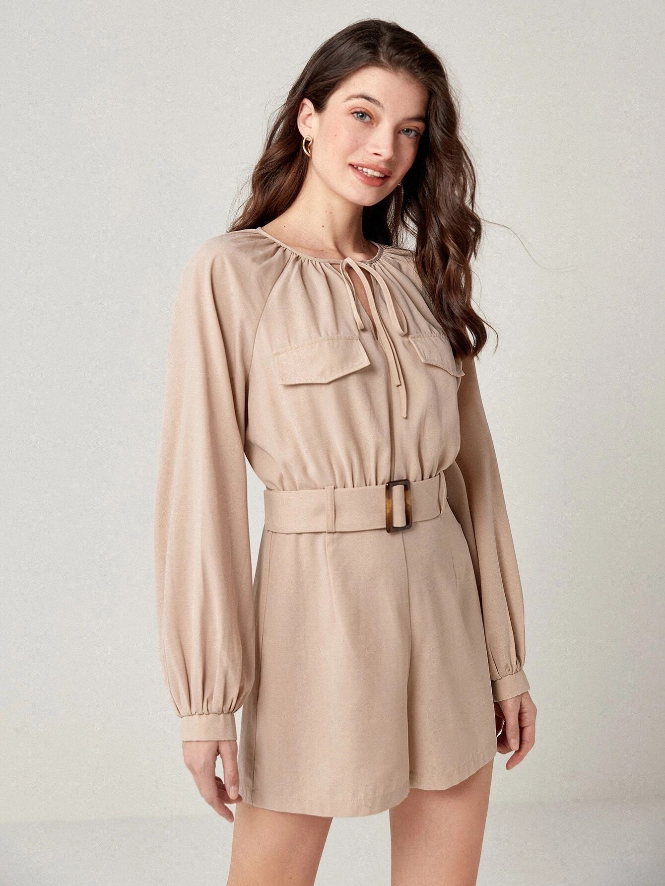 CM-JS759153 Women Casual Seoul Style Long Sleeve Tie Neck Flap Detail Belted Romper - Apricot