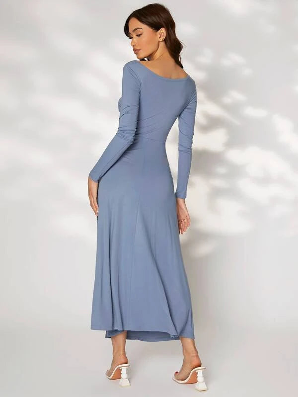 CM-DS362143 Women Elegant Seoul Style Boat Neck Solid Ruched Side Dress - Dusty Blue