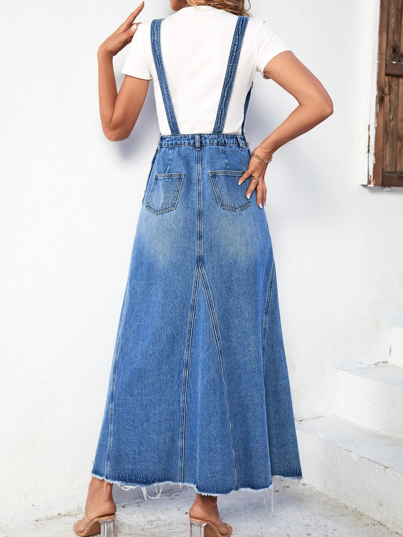 CM-DS521772 Women Casual Seoul Style Light Wash Raw Cut Denim Overall Dress
