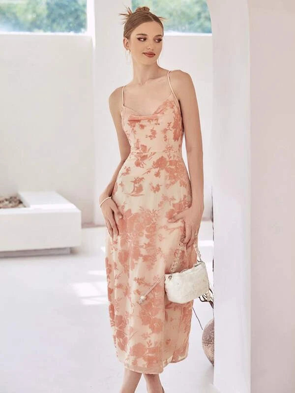 CM-DS546881 Women Casual Seoul Style Floral Print Criss Cross Back Draped Cami Dress
