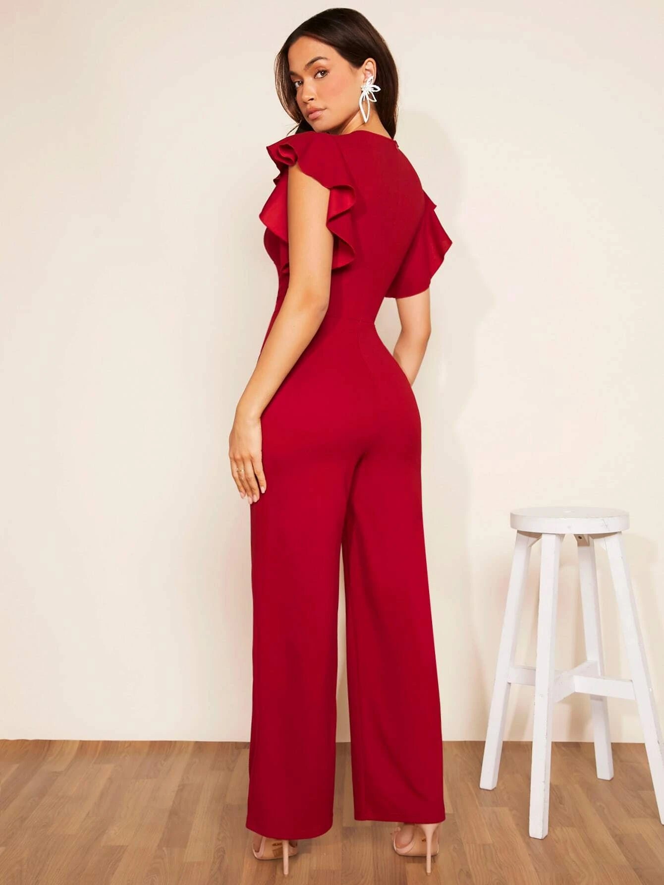 CM-JS125440 Women Elegant Seoul Style Plunging Neck Butterfly Sleeve Jumpsuit - Burgundy
