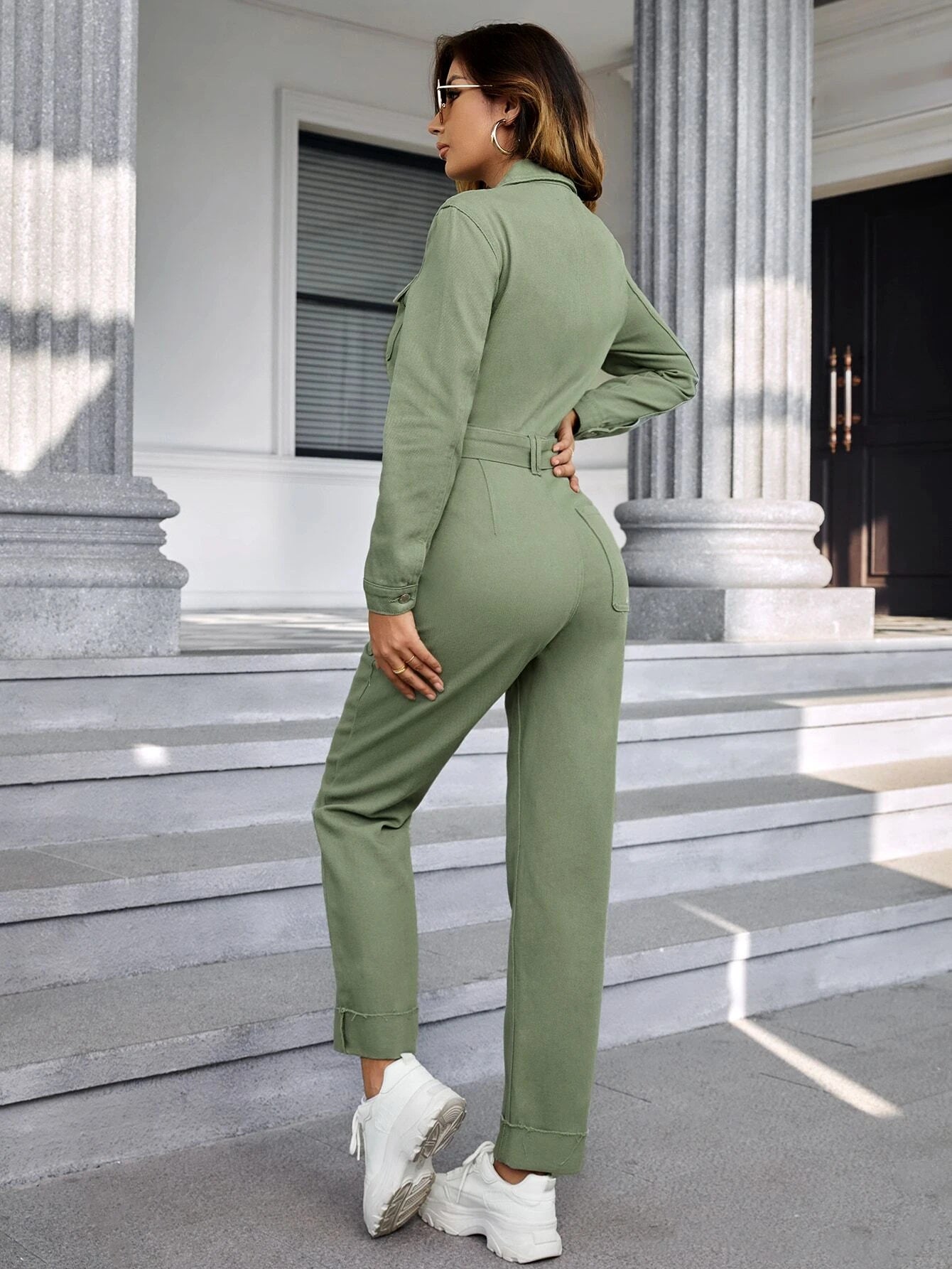 CM-JS878885 Women Preppy Seoul Style Flap Pocket Belted Denim Jumpsuit - Mint Green