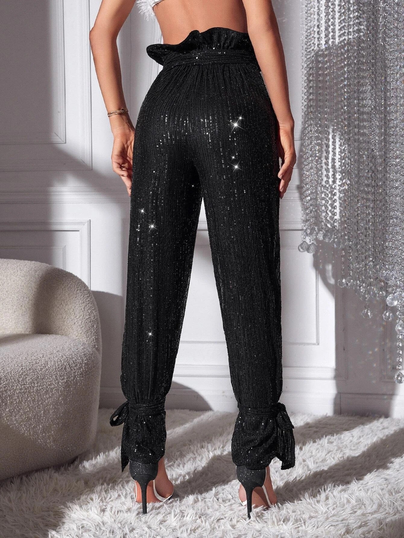 CM-BS188785 Women Elegant Seoul Style Paperbag Waist Knot Hem Belted Sequin Pants