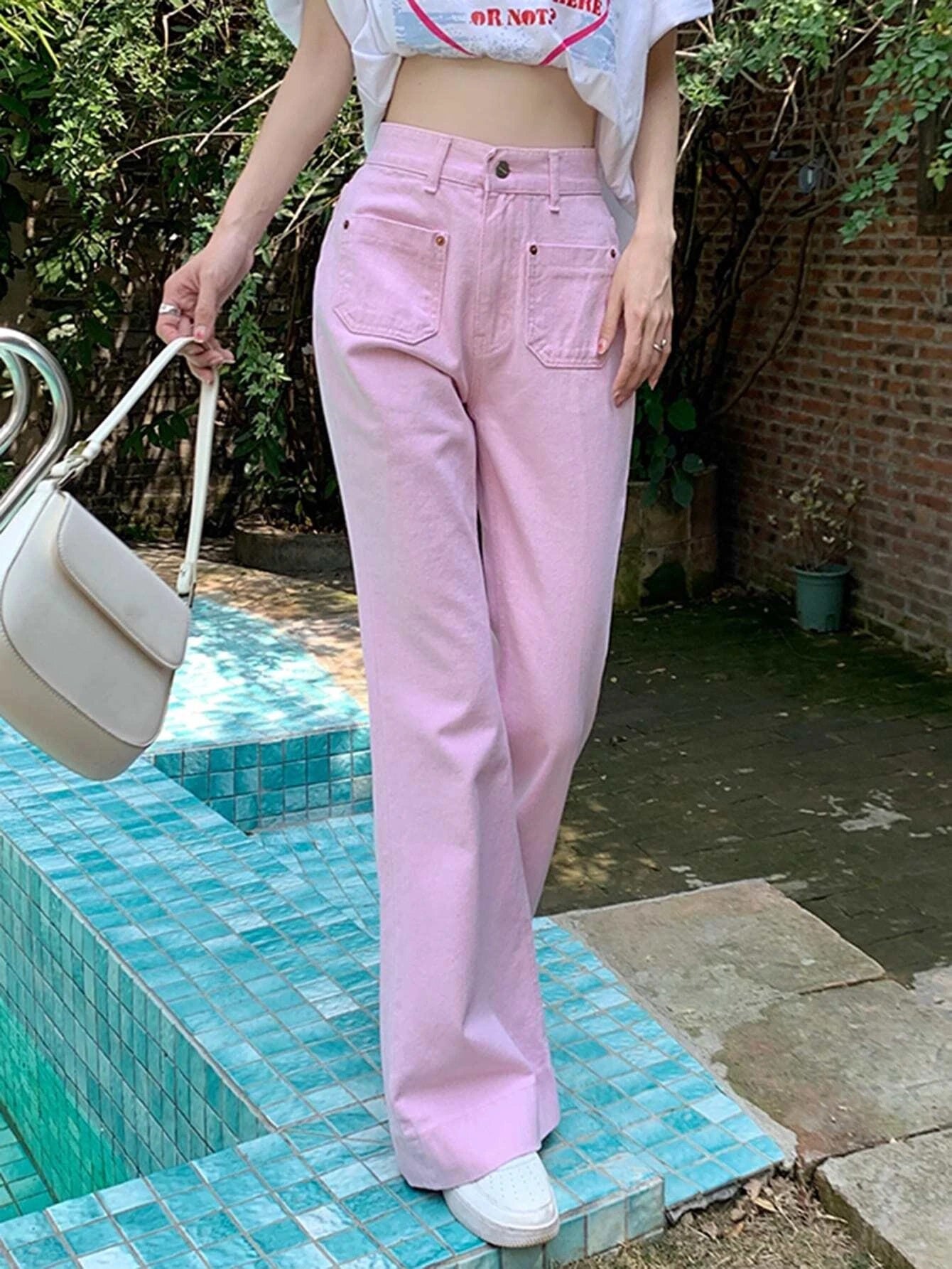 CM-BS994990 Women Preppy Seoul Style Solid Wide Leg Jeans - Baby Pink