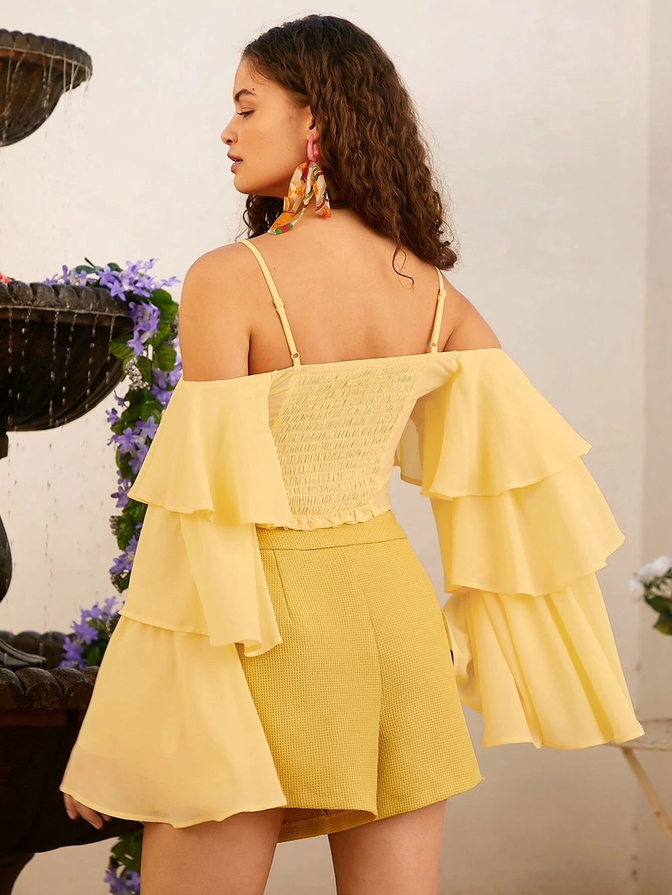 CM-TS186019 Women Trendy Bohemian Style Cold Shoulder Ruffle Trim Flounce Sleeve Crop Top