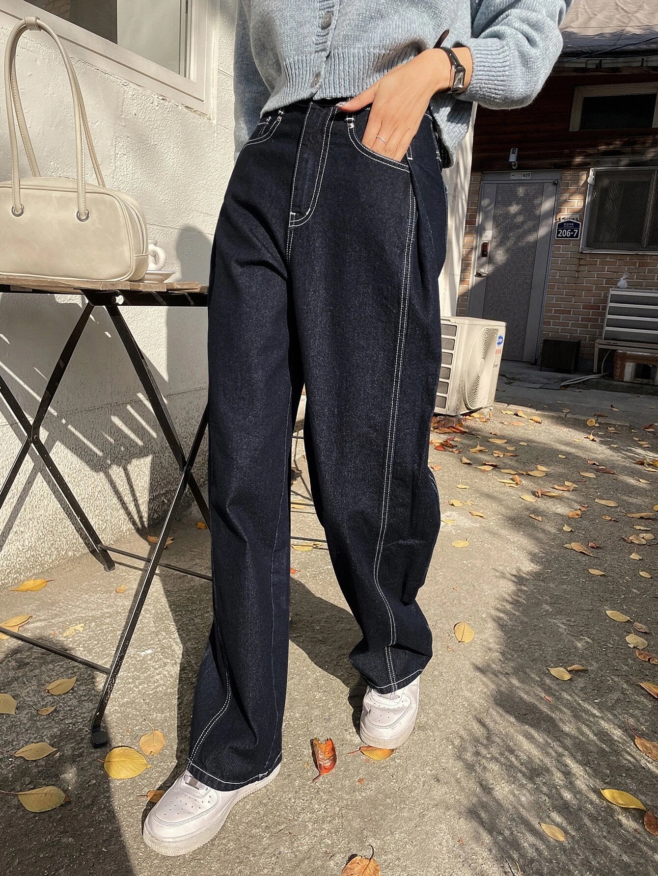 CM-BS180087 Women Casual Seoul Style Dark Wash Top-Stitching Wide Leg Jeans