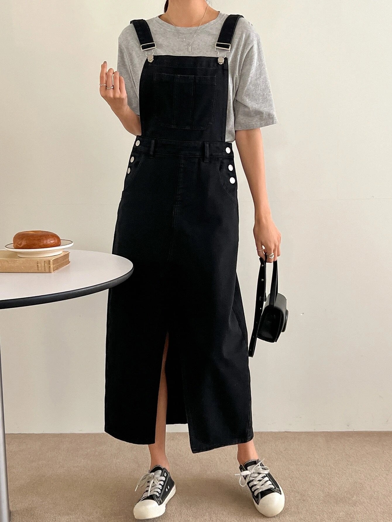 CM-DS100011 Women Preppy Seoul Style Slant Pocket Split Hem Overall Dress - Black