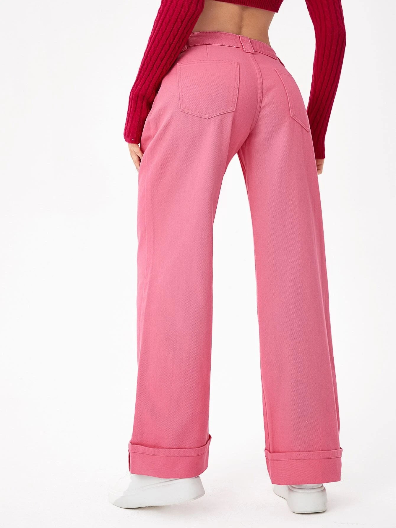 CM-BS670004 Women Casual Seoul Style Ultra Low Waist Plicated Detail Wide Leg Jeans - Pink