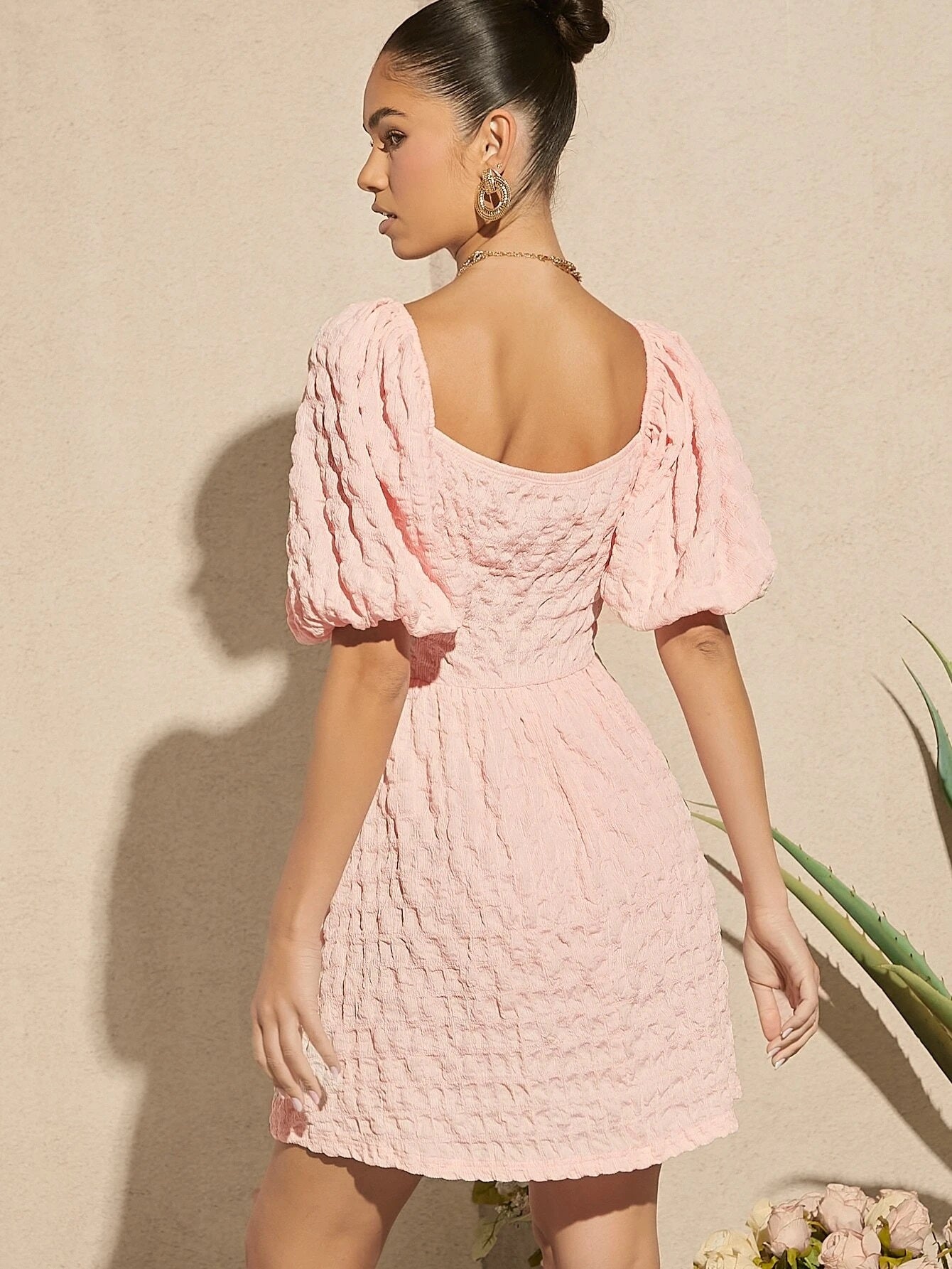CM-DS368065 Women Casual Seoul Style Square Neck Puff Sleeve Dress - Baby Pink
