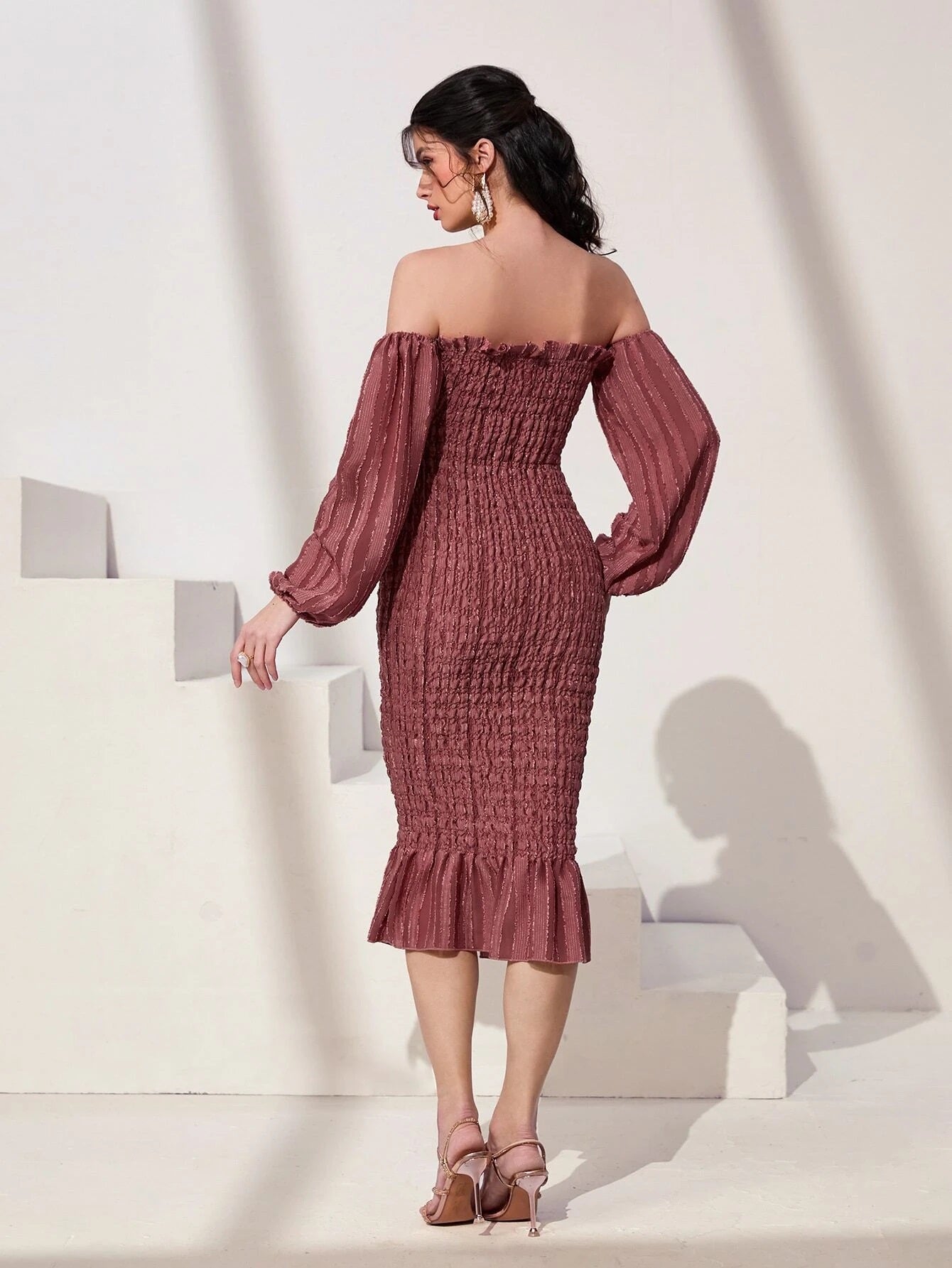CM-DS283232 Women Elegant Seoul Style Off Shoulder Lantern Sleeve Mermaid Hem Bodycon Dress