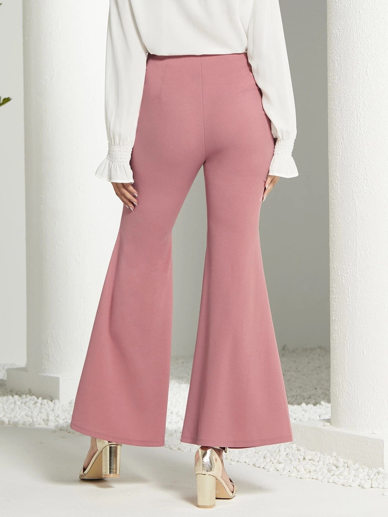 CM-BS437860 Women Elegant Seoul Style High Waist Button Detail Flare Leg Pants - Dusty Pink