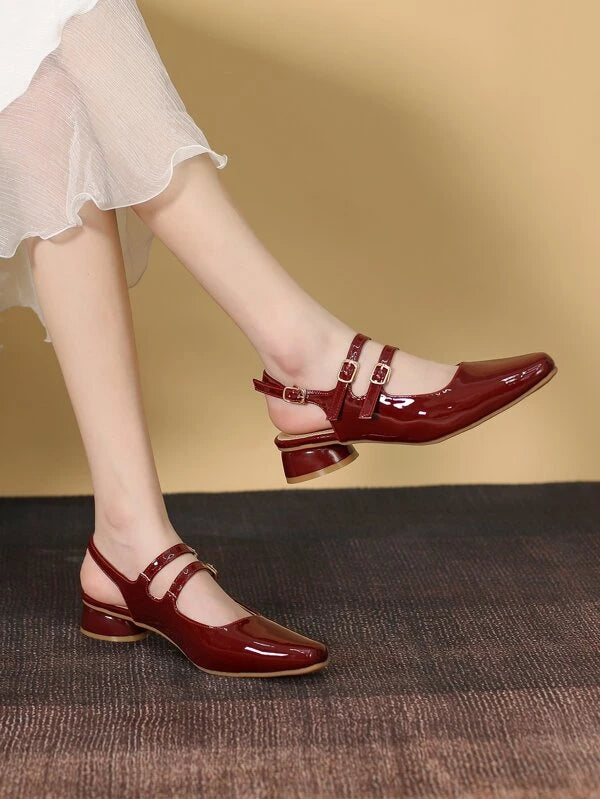 CM-SHS615391 Women Trendy Seoul Style Buckle Detail Slingback Flats - Burgundy