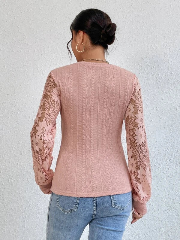 CM-TS597079 Women Elegant Seoul Style Round Neck Solid Contrast Lace Tee - Dusty Pink