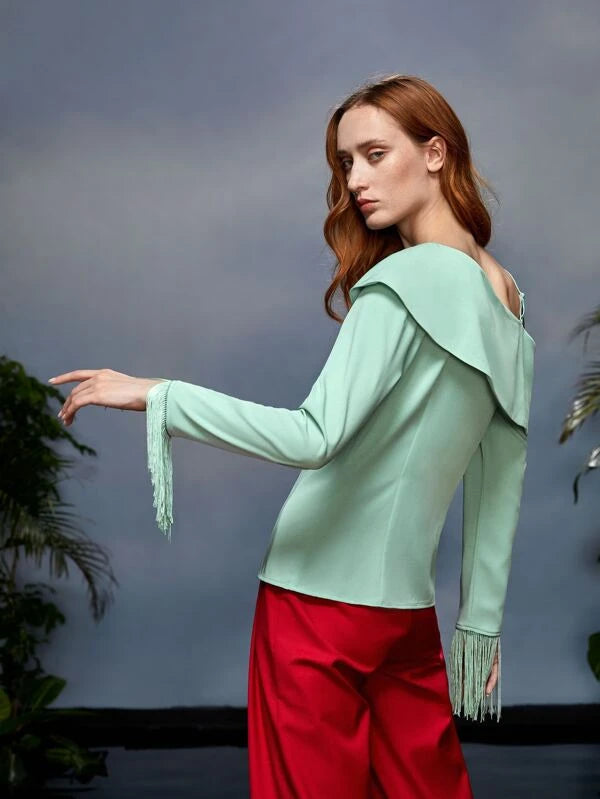 CM-TS521195 Women Elegant Seoul Style Asymmetrical Neck Fringe Trim Top - Mint Green