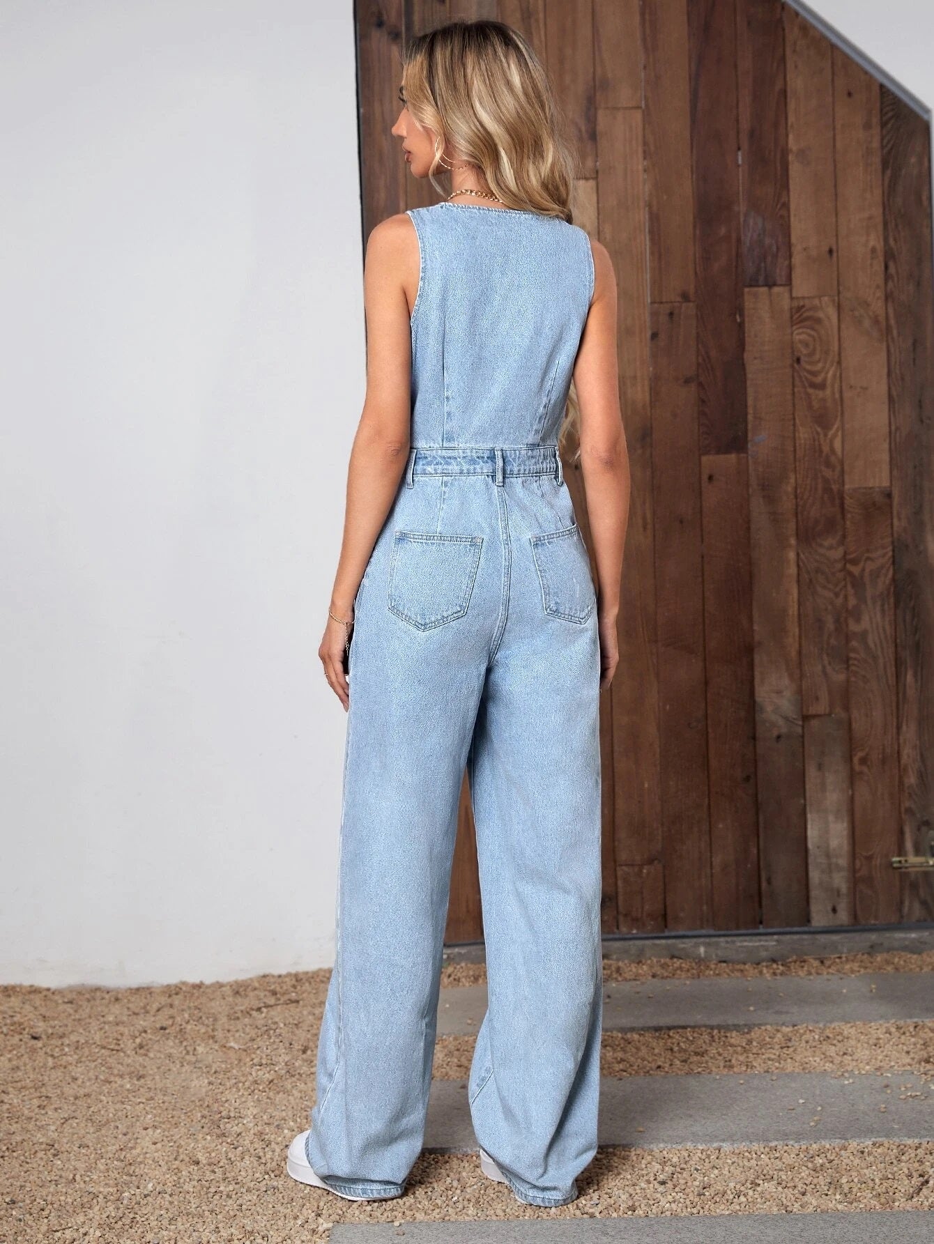 CM-JS501736 Women Casual Seoul Style Sleeveless Light Wash Solid Wide Leg Denim Jumpsuit