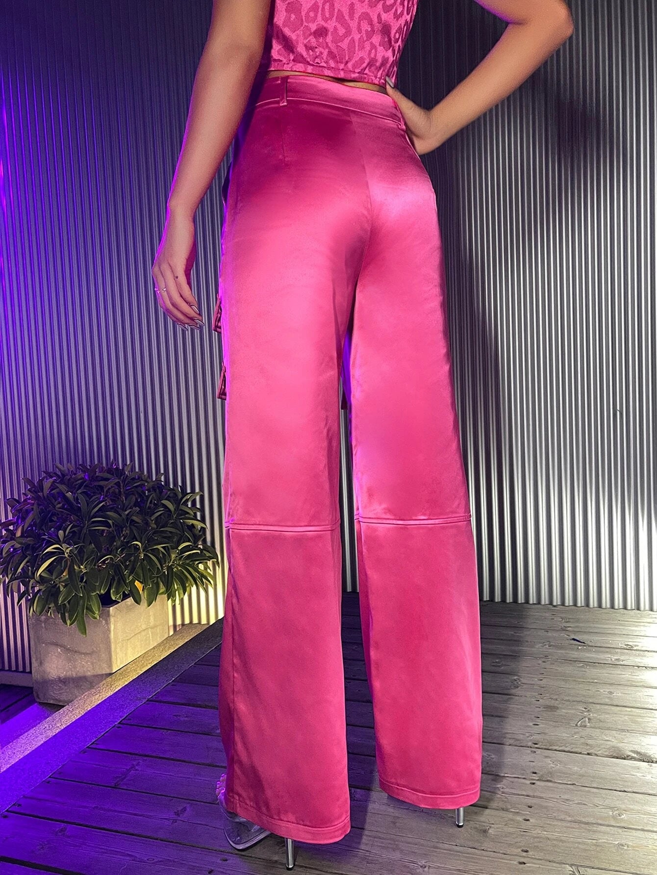 CM-BS754074 Women Elegant Seoul Style Flap Pocket Belted Satin Wide Leg Pants - Pink