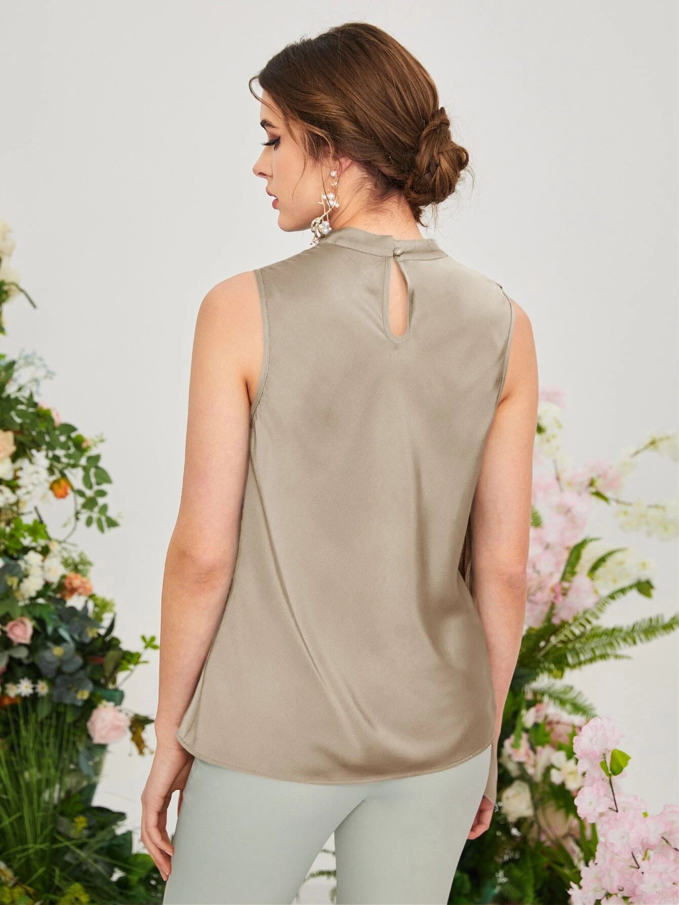 CM-TS111161 Women Casual Seoul Style Sleeveless Draped Keyhole Back Blouse - Khaki