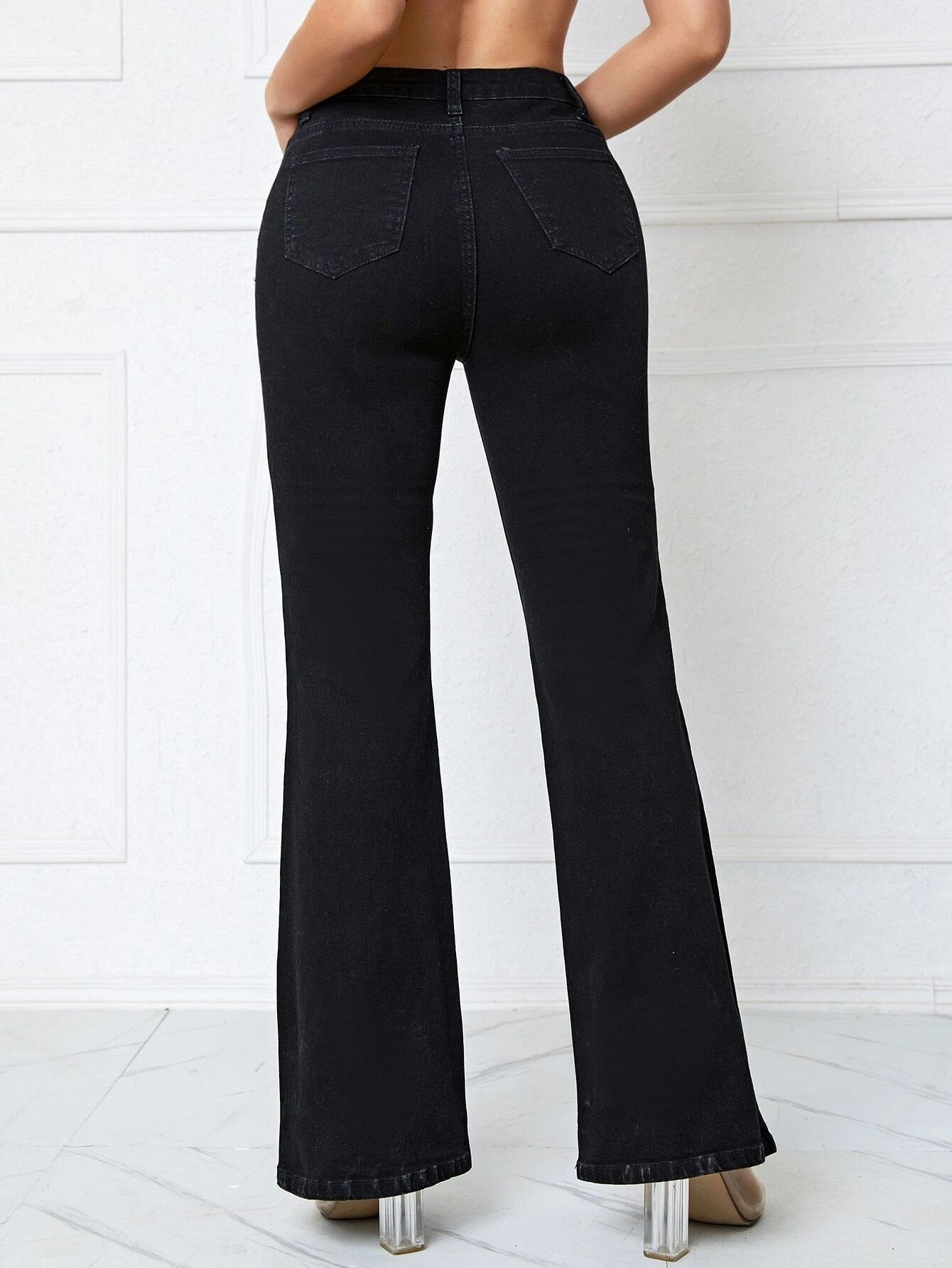 CM-BS201062 Women Preppy Seoul Style Chain Detail Flare Leg Jeans - Black