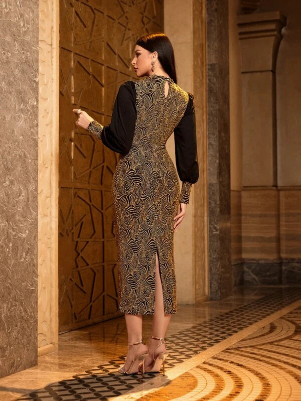 CM-DS444466 Women Elegant Seoul Style Graphic Print 2 In 1 Bishop Sleeve Dress