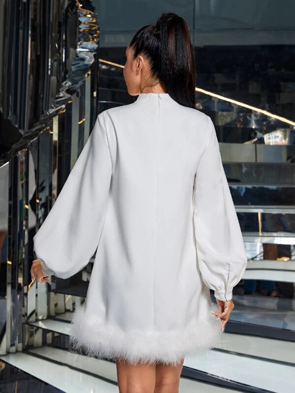 CM-DS169238 Women Elegant Seoul Style Mock Neck Fuzzy Trim Lantern Sleeve Dress
