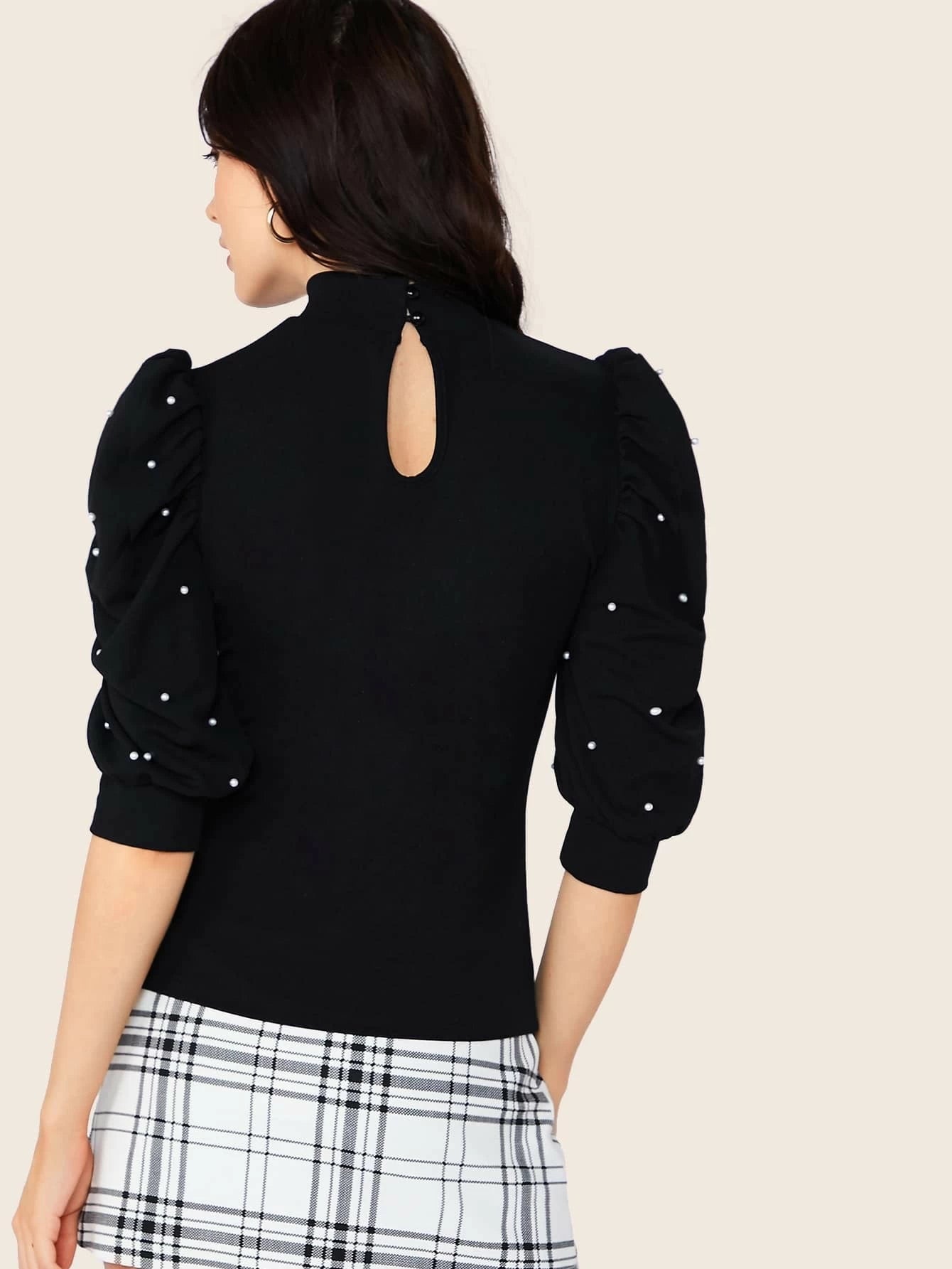CM-TS625086 Women Casual Seoul Style Keyhole Back Pearls Beaded Puff Sleeve Top