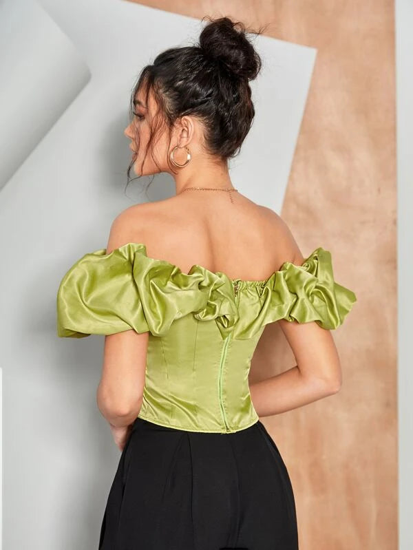CM-TS761361 Women Elegant Seoul Style Off Shoulder Asymmetrical Hem Top - Lime Green