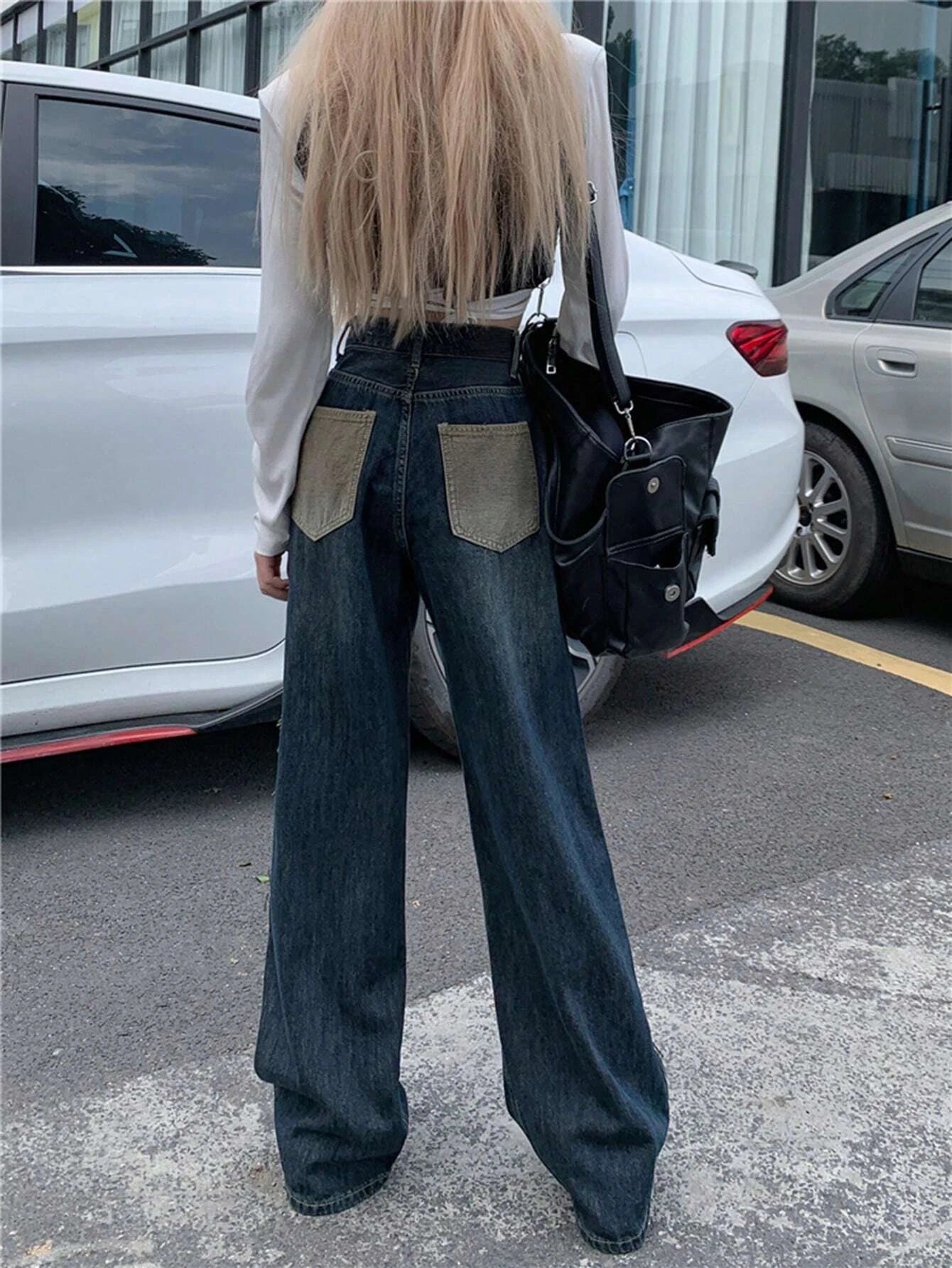CM-BS927718 Women Preppy Seoul Style Contrast Panel Raw Hem Wide Leg Jeans
