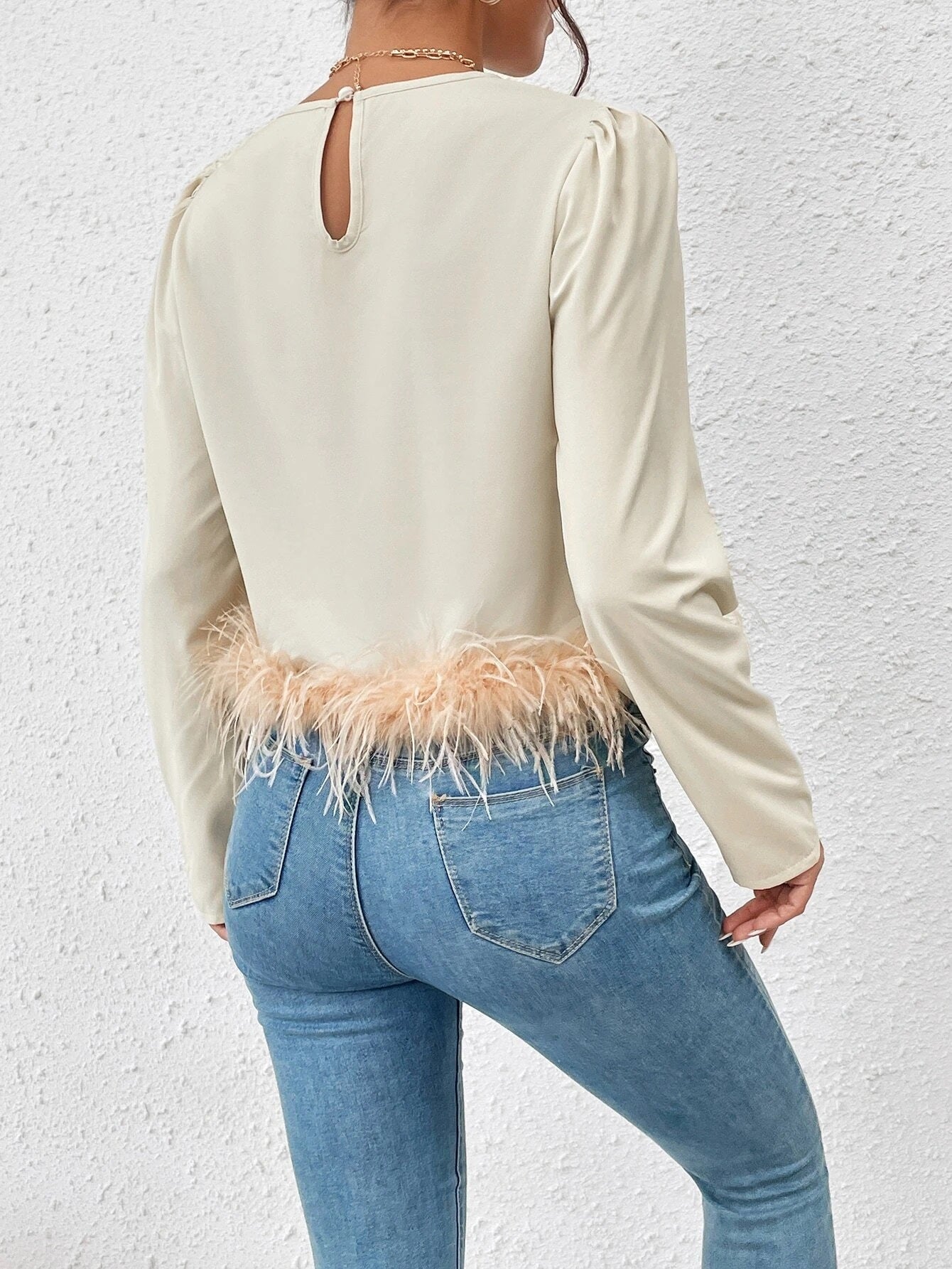 CM-TS987778 Women Elegant Seoul Style Puff Sleeve Fuzzy Trim Blouse - Beige