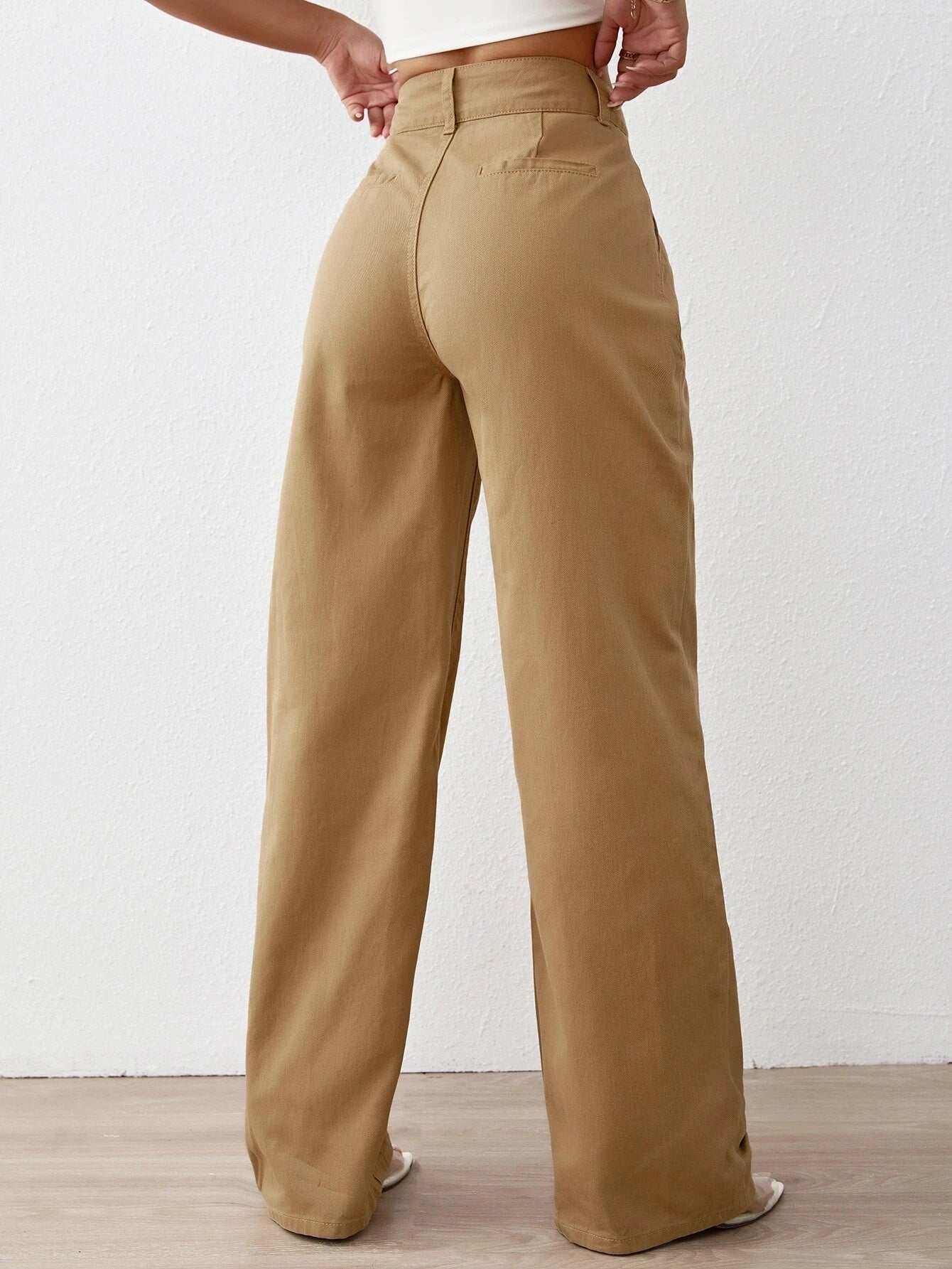 CM-BS228248 Women Preppy Seoul Style Solid High Waist Wide Leg Jeans - Brown