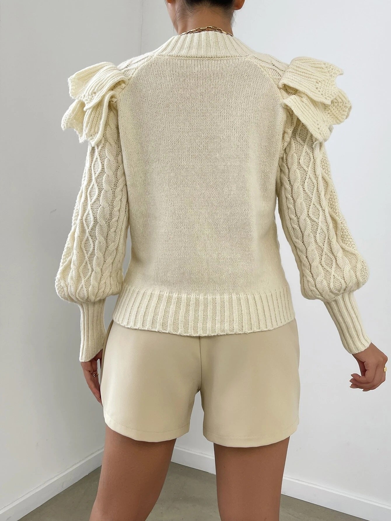CM-CS500985 Women Casual Seoul Style Cable Knit Ruffle Trim Lantern Sleeve Sweater - Beige