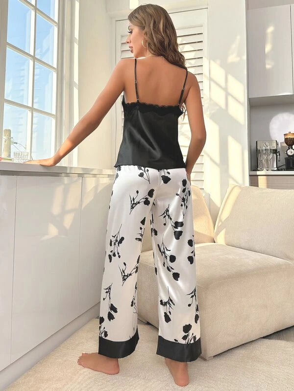 CM-LS988628 Women Trendy Seoul Style Floral Print Lace Trim Satin Pajama Set