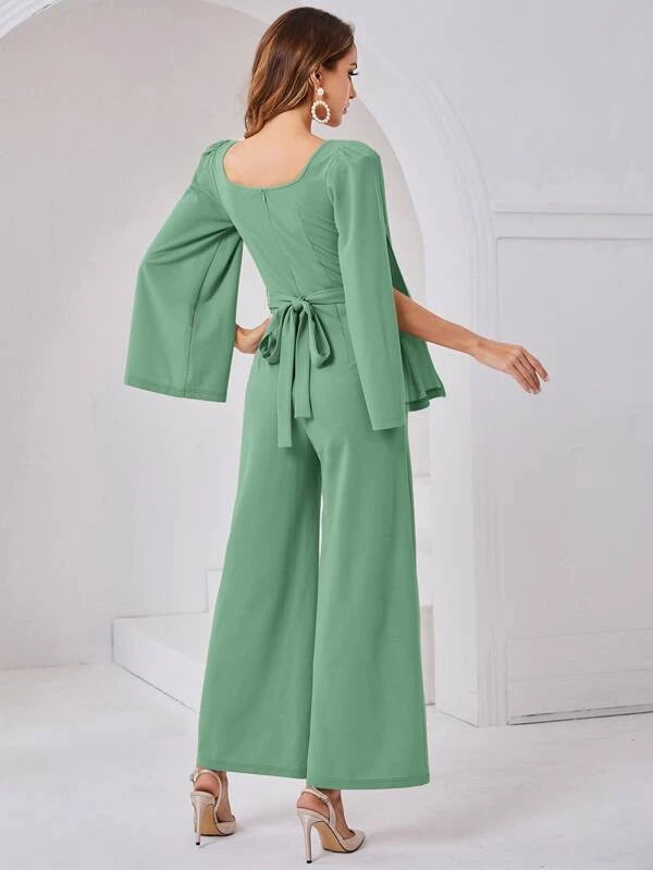 CM-JS699739 Women Elegant Seoul Style Split Sleeve Wide Leg Belted Jumpsuit - Mint Green