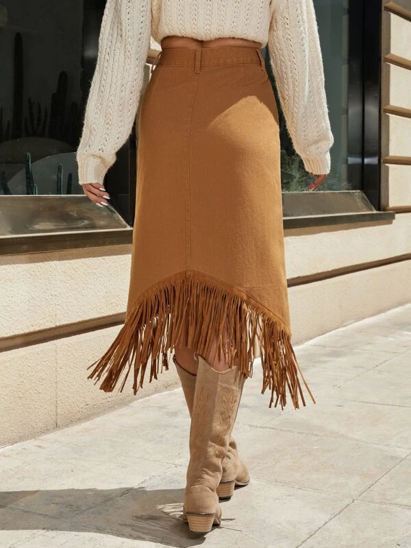 CM-BS750417 Women Trendy Bohemian Style Fringe Hem Denim Skirt - Brown