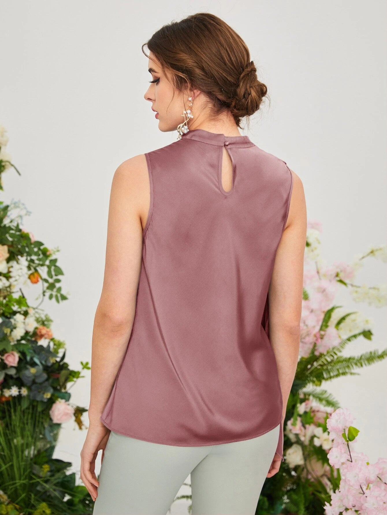 CM-TS198509 Women Casual Seoul Style Sleeveless Draped Keyhole Back Blouse - Dusty Pink
